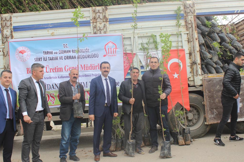Siirt’in Eruh İlçesinde Çiftçilere 40 bin Adet Fidan Dağıtıldı Siirt’in Eruh ilçesinde fıstık ve Trabzon hurması fidanlarının dağıtımı gerçekleştirildi.