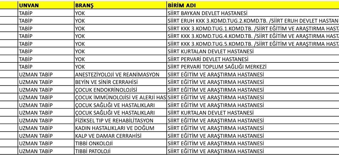 120. dönem Devlet Hizmet Yükümlülüğü kurası kapsamında Siirt'e çeşitli branşlarda
