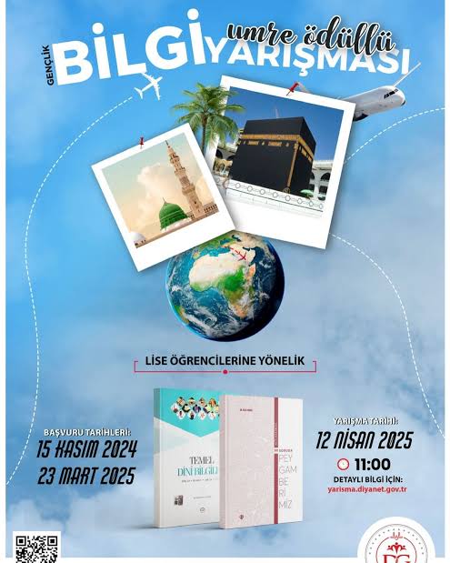 UMRE ÖDÜLLÜ BİLGİ YARIŞMASINDA SÜRE AZALIYOR! SON BAŞVURU 23 MART Diyanet İşleri Başkanlığının düzenlediği yarışmada başvuru süresi azalıyor. Lise ve