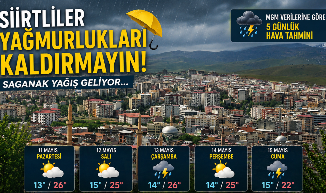 Siirtliler Yağmurluklukları Kaldırmayın! Saganak Yağış Geliyor… Meteoroloji Genel Müdürlüğü verilerine göre Siirt’te önümüzdeki günlerde sağanak yağış
